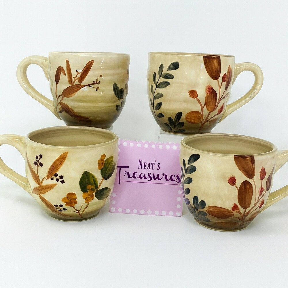 Home Trends SHADOWWOOD Tan Stoneware Leaves Flowers Large 18oz Cup Mugs Set of 4